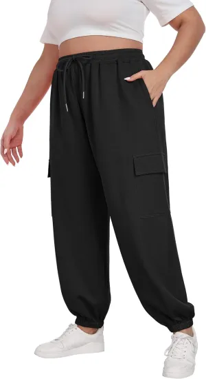 OLRIK Plus Size Pants 2025 Trendy Cargo Sweatpants Adjustable Drawstring Joggers Loose Fit Lounge Trousers with Pockets