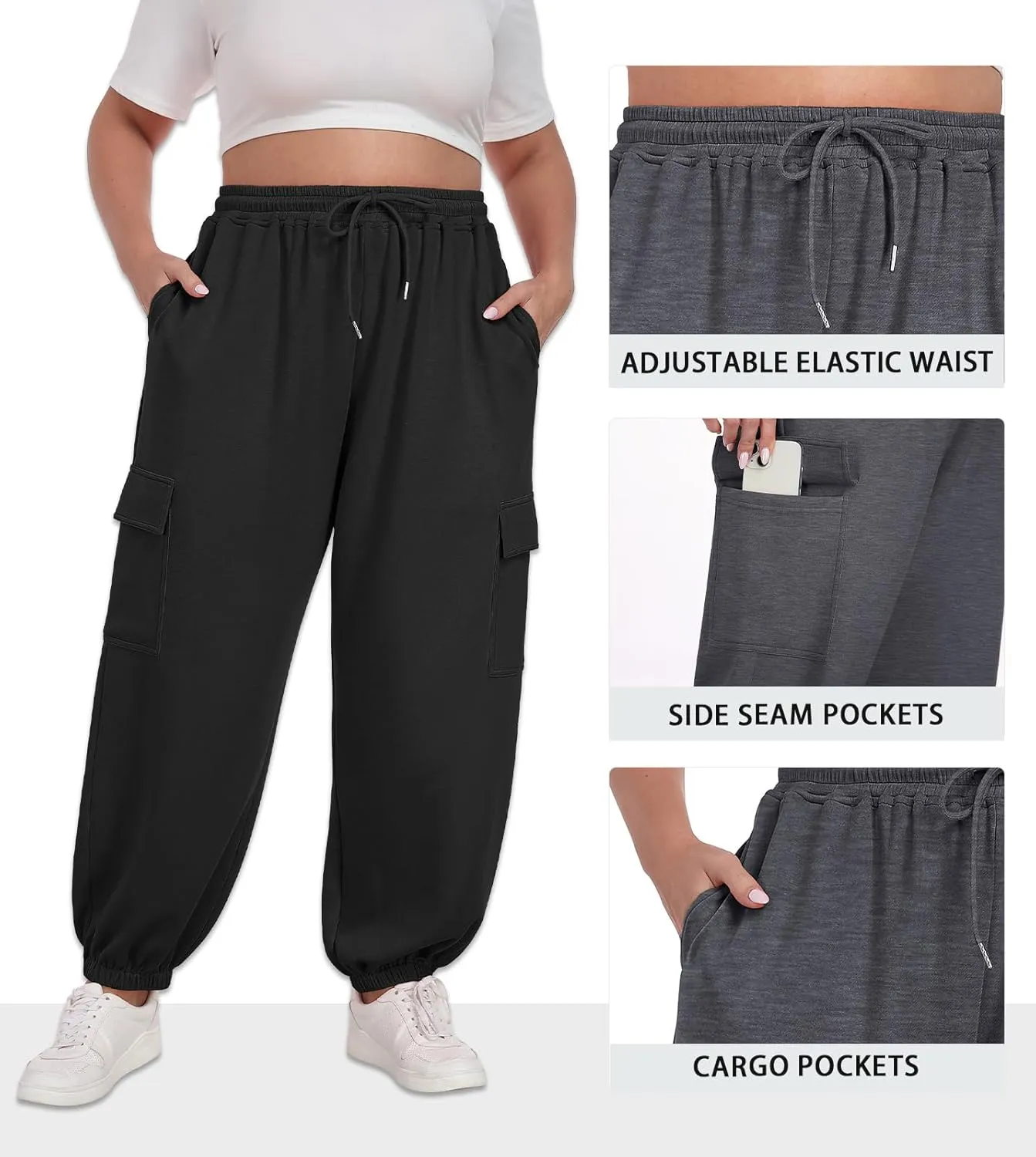 OLRIK Plus Size Pants 2025 Trendy Cargo Sweatpants Adjustable Drawstring Joggers Loose Fit Lounge Trousers with Pockets