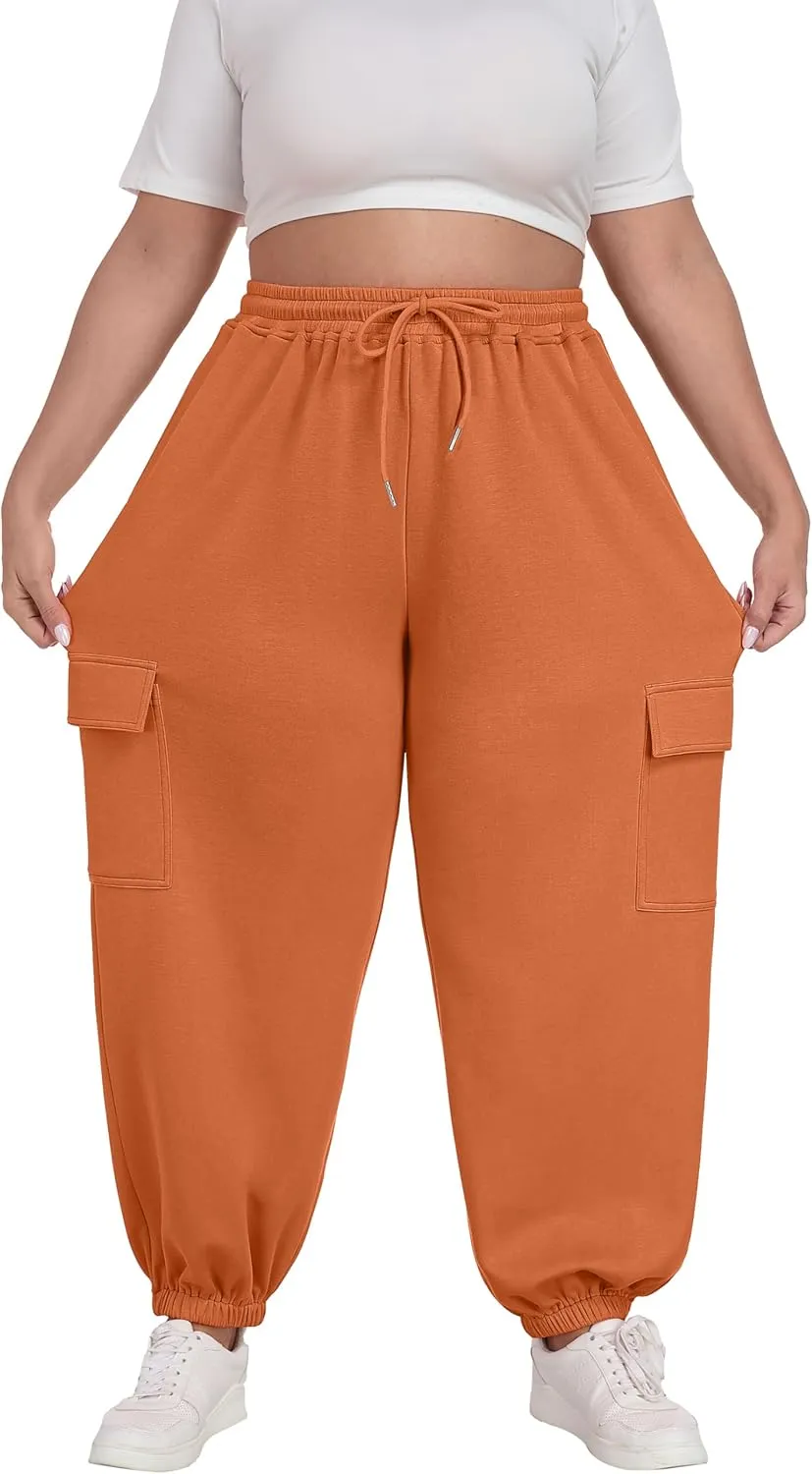 OLRIK Plus Size Pants 2025 Trendy Cargo Sweatpants Adjustable Drawstring Joggers Loose Fit Lounge Trousers with Pockets