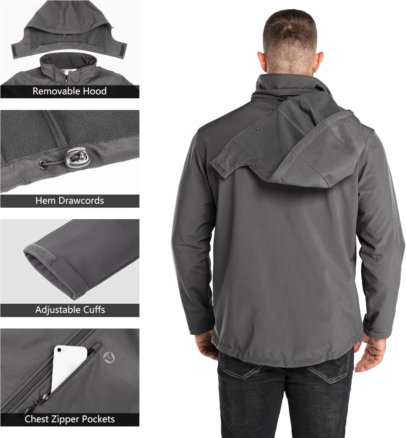 Outdoor Ventures Men's Lightweight Softshell Jacket Fleece Lined Hooded Water Resistant Winter Hiking Windbreaker Jackets