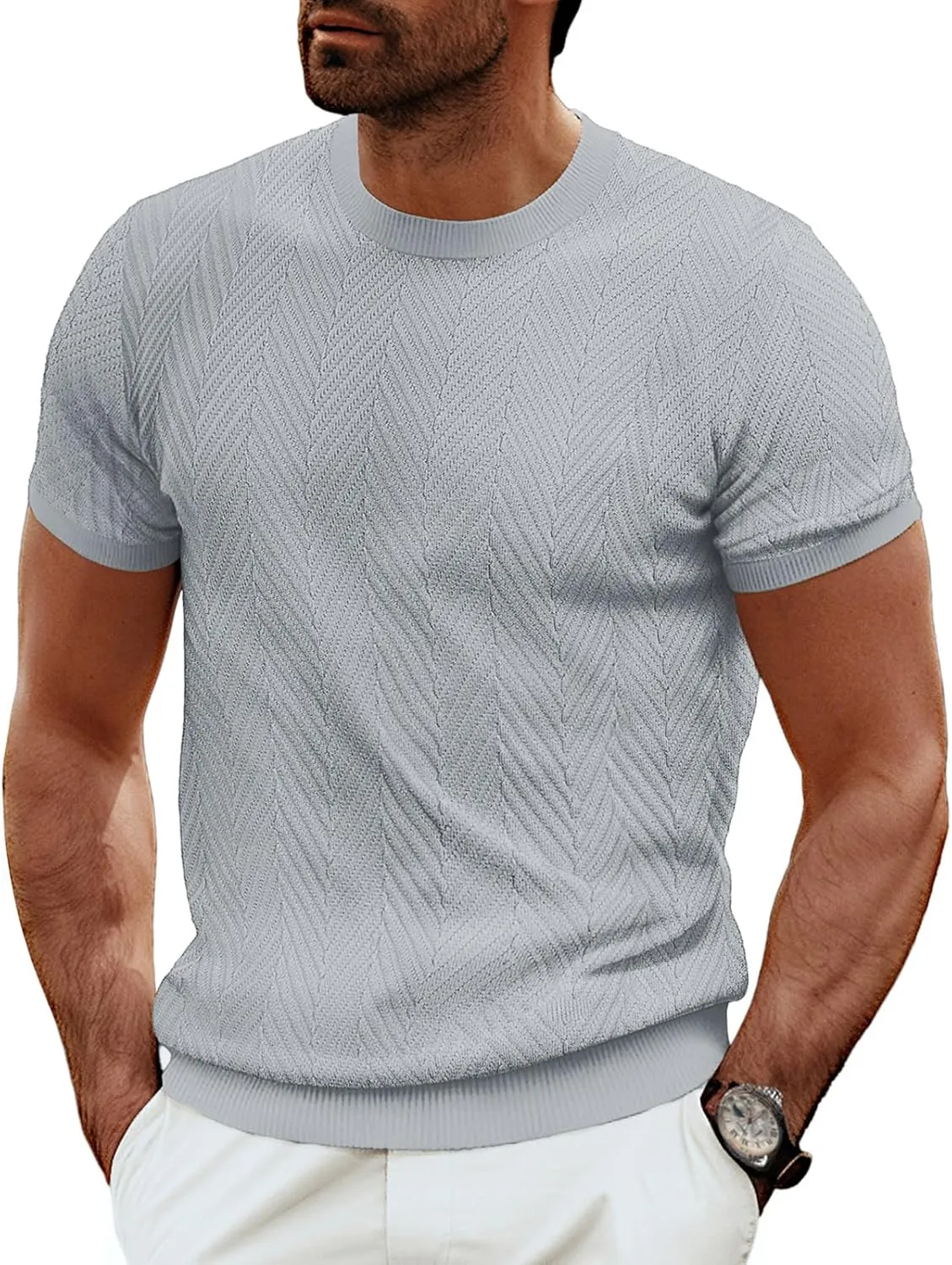 PJ PAUL JONES Men's Short Sleeve Knit T-Shirts Casual Crewneck Solid Texture Knit Shirt
