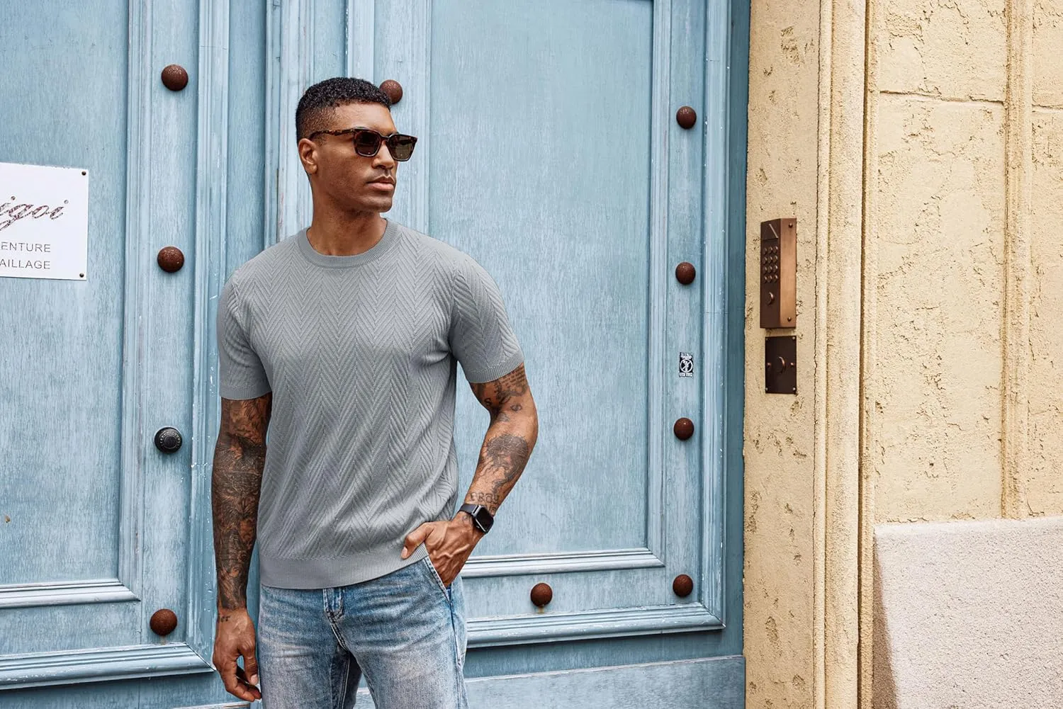 PJ PAUL JONES Men's Short Sleeve Knit T-Shirts Casual Crewneck Solid Texture Knit Shirt