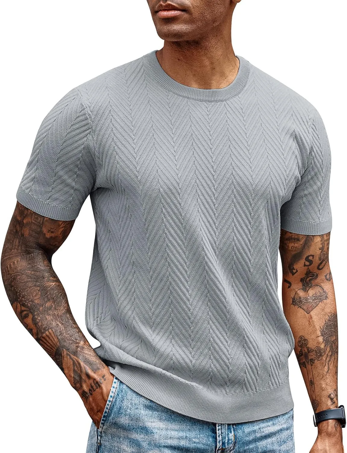 PJ PAUL JONES Men's Short Sleeve Knit T-Shirts Casual Crewneck Solid Texture Knit Shirt