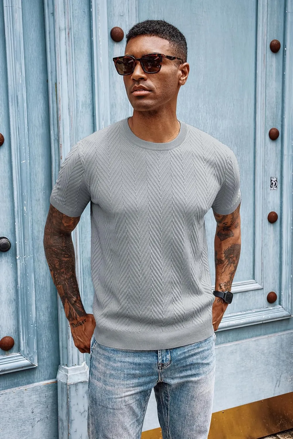 PJ PAUL JONES Men's Short Sleeve Knit T-Shirts Casual Crewneck Solid Texture Knit Shirt