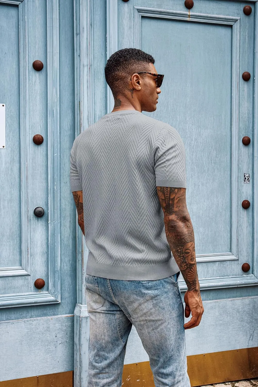 PJ PAUL JONES Men's Short Sleeve Knit T-Shirts Casual Crewneck Solid Texture Knit Shirt