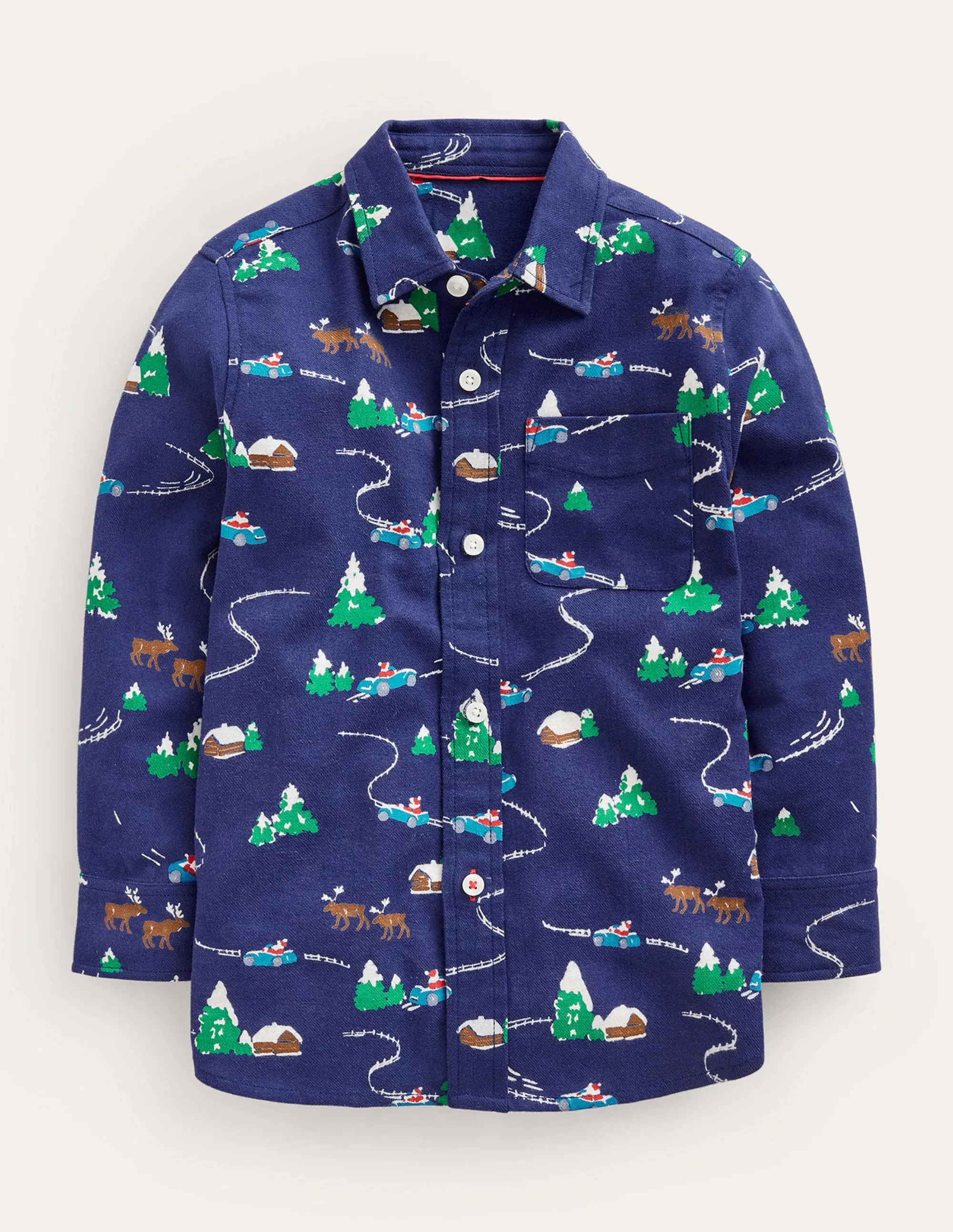 Printed Brushed Flannel Shirt-College Navy Festive Scene