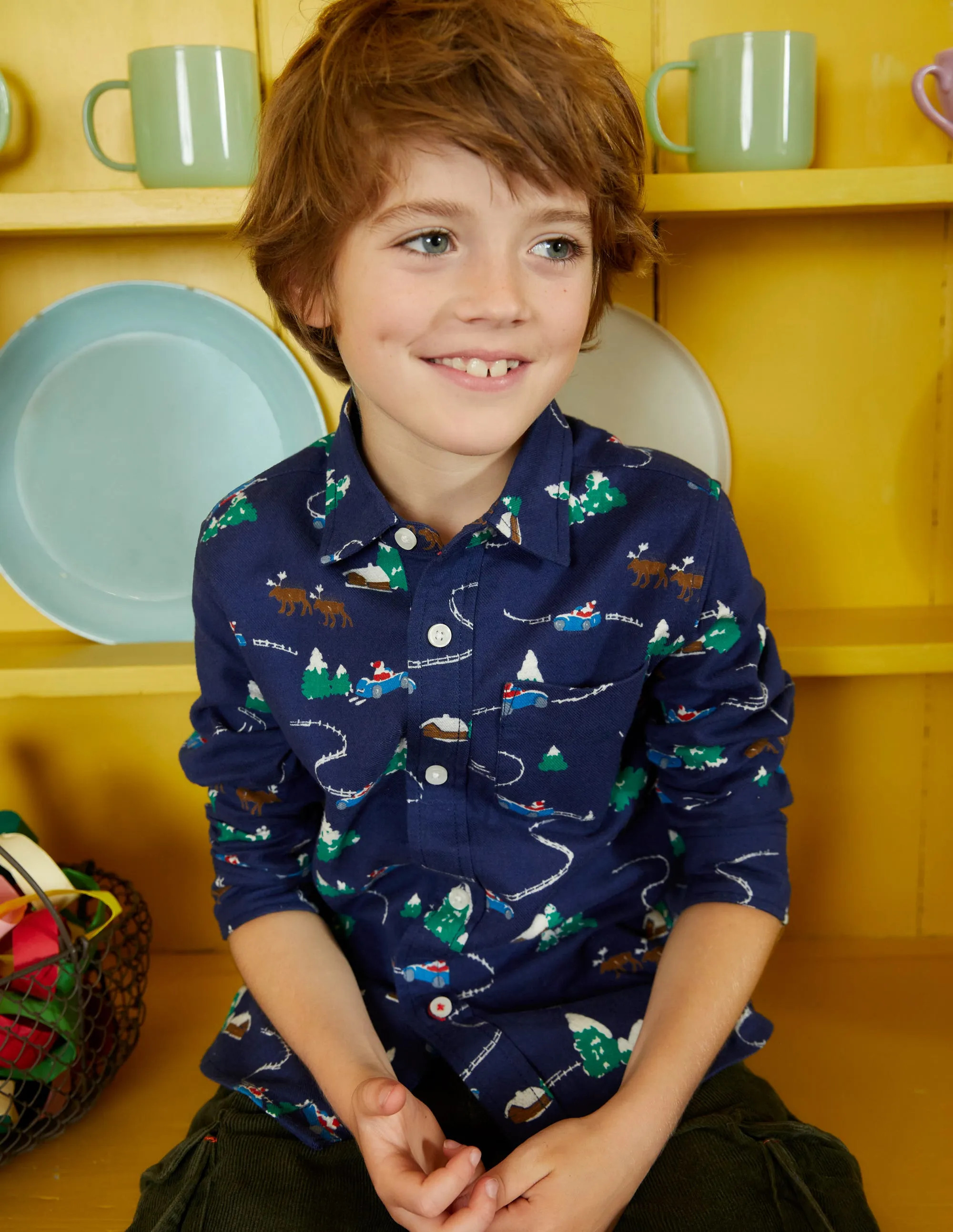 Printed Brushed Flannel Shirt-College Navy Festive Scene