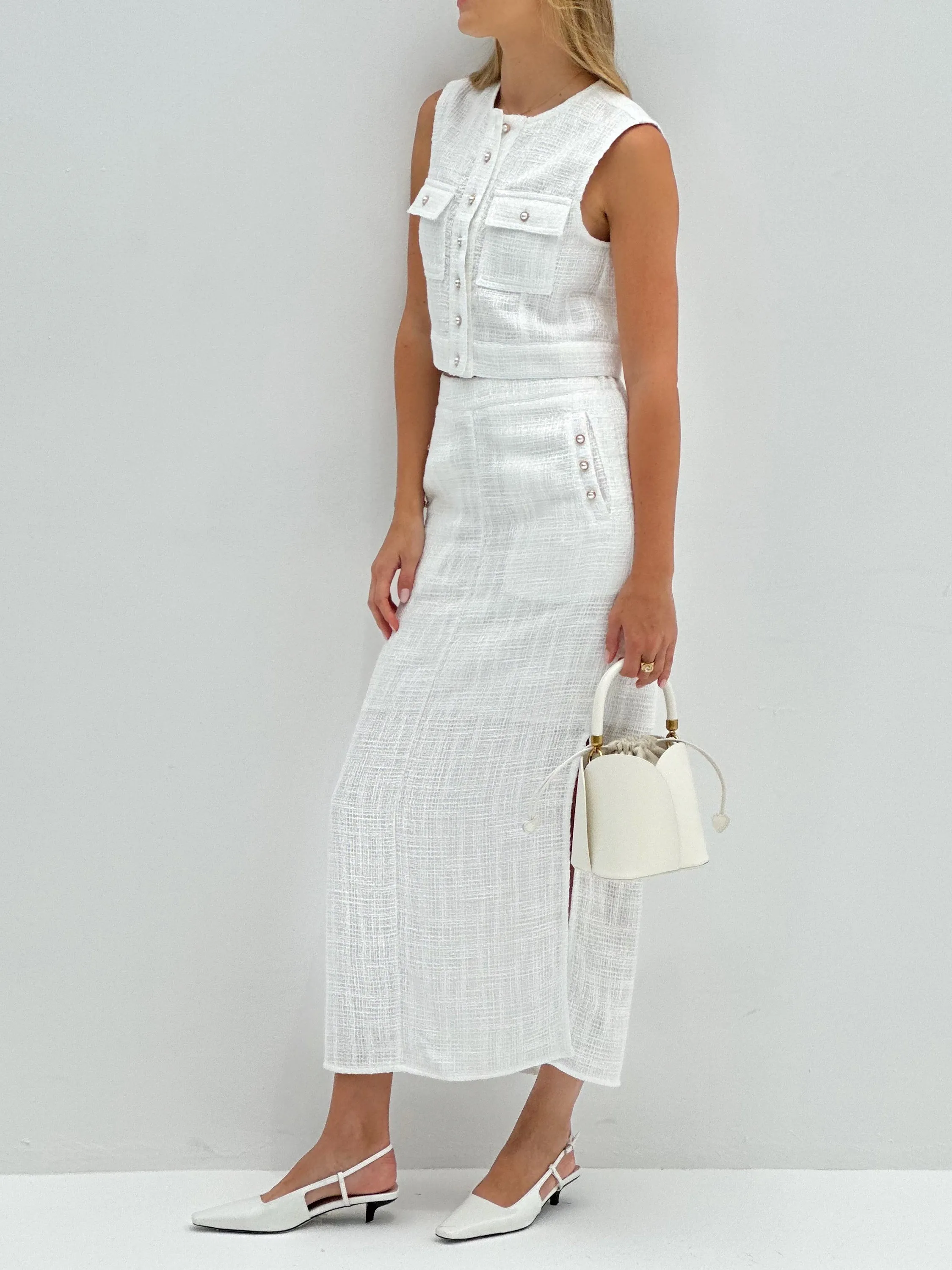 Selina Pearl Button Skirt | White