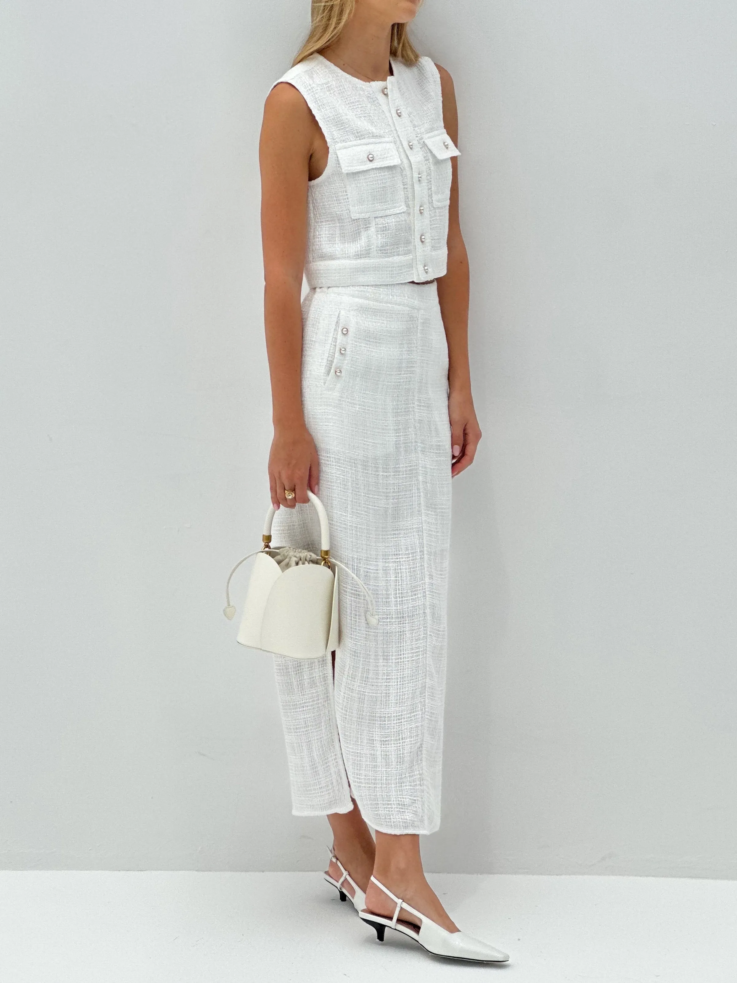 Selina Pearl Button Skirt | White