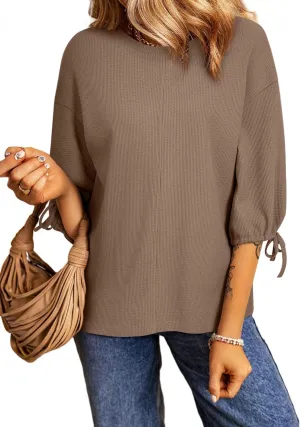 SHEWIN Women's 3/4 Length Sleeve Tunic Tops Loose Fit Casual Crewneck Waffle Knit T Shirts