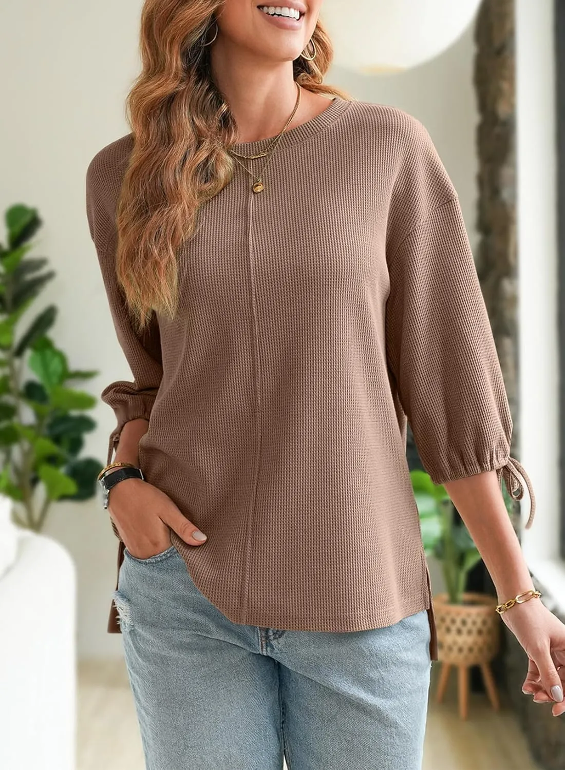 SHEWIN Women's 3/4 Length Sleeve Tunic Tops Loose Fit Casual Crewneck Waffle Knit T Shirts