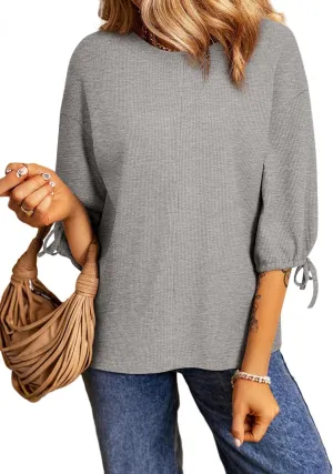 SHEWIN Women's 3/4 Length Sleeve Tunic Tops Loose Fit Casual Crewneck Waffle Knit T Shirts