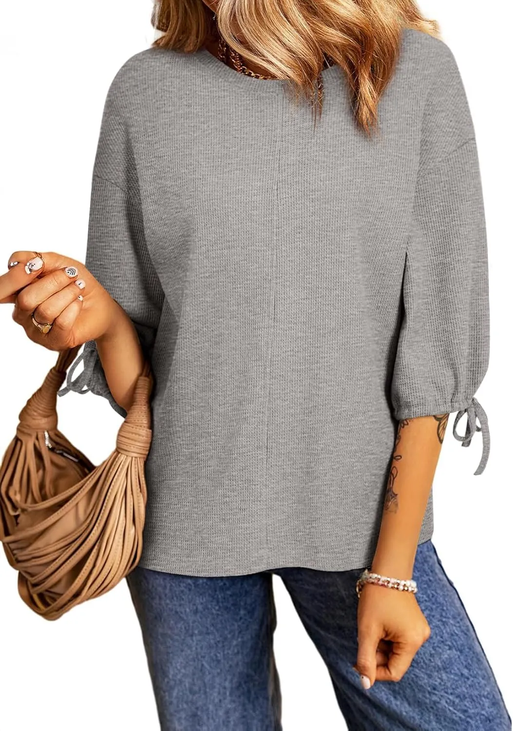 SHEWIN Women's 3/4 Length Sleeve Tunic Tops Loose Fit Casual Crewneck Waffle Knit T Shirts