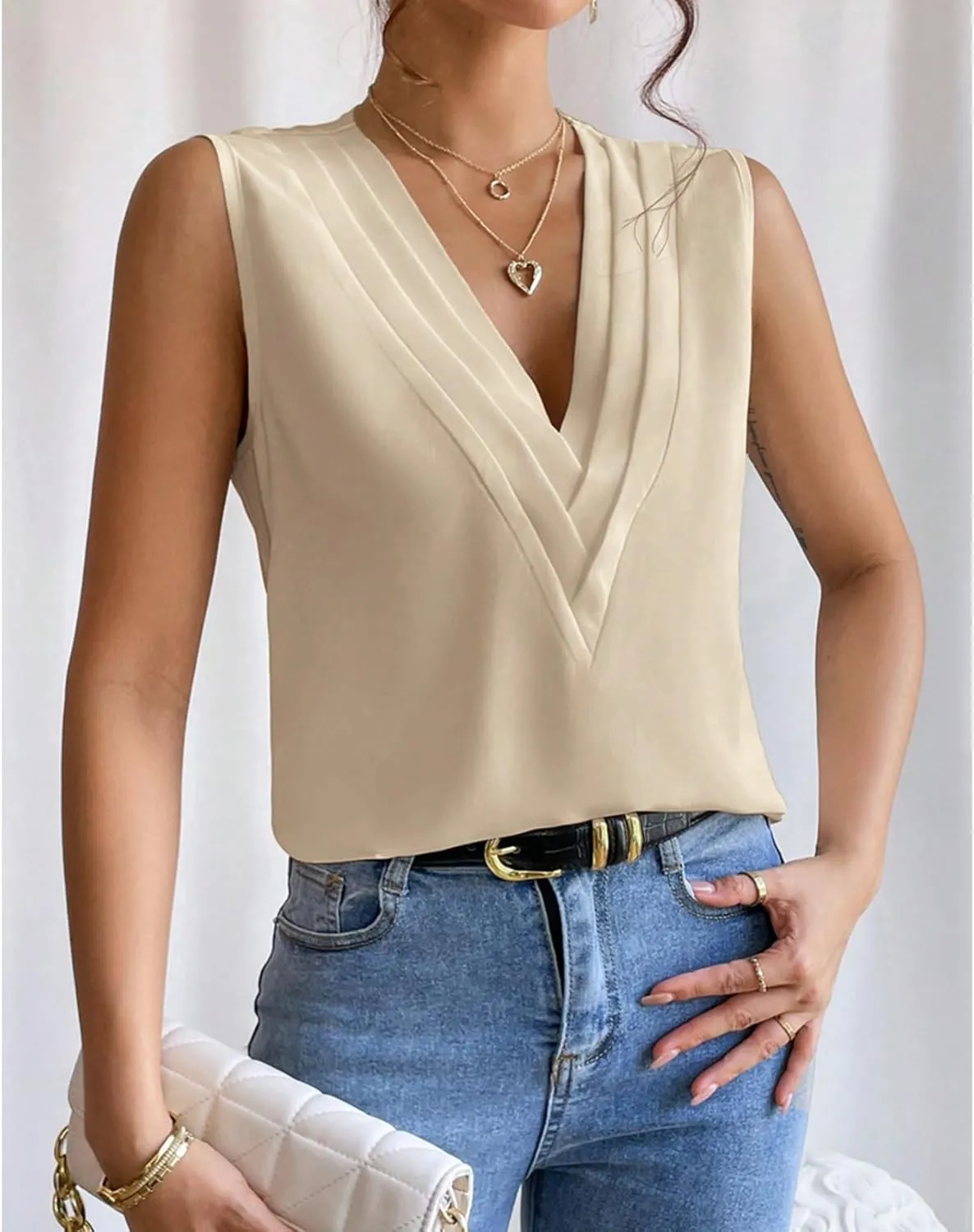 Sleeveless Chiffon Tops for Women Summer Triple V-neck T Shirts Business Office Dressy Outfit Blouse