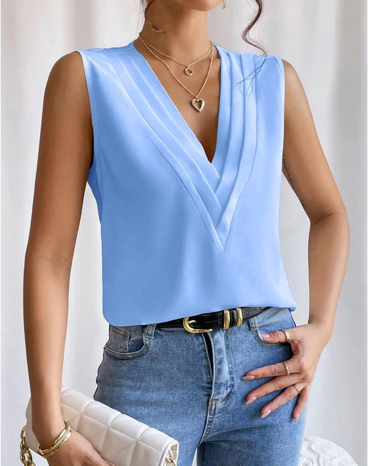 Sleeveless Chiffon Tops for Women Summer Triple V-neck T Shirts Business Office Dressy Outfit Blouse