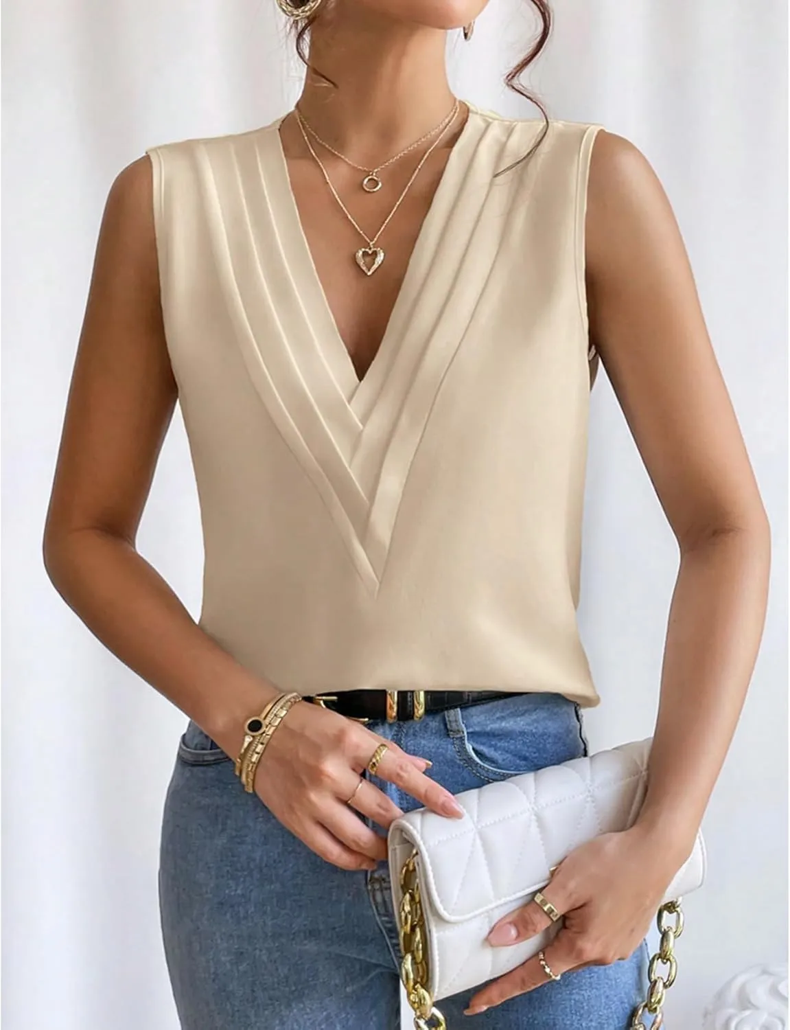 Sleeveless Chiffon Tops for Women Summer Triple V-neck T Shirts Business Office Dressy Outfit Blouse