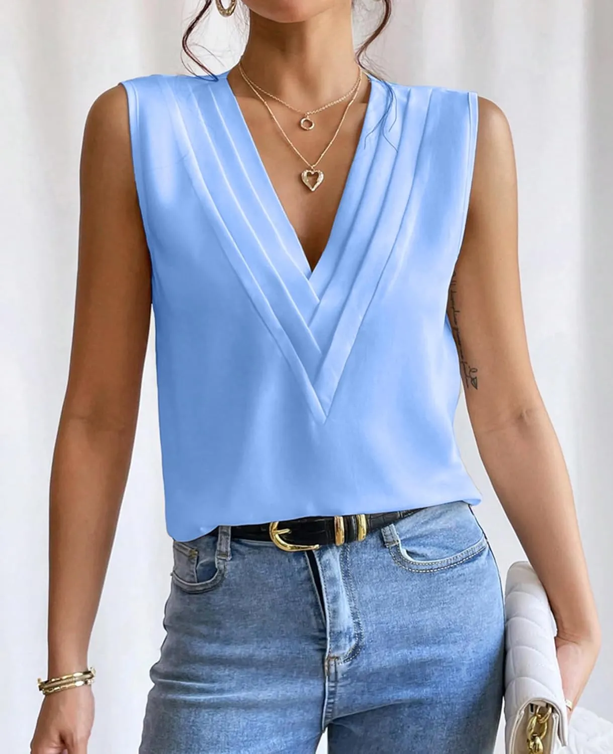 Sleeveless Chiffon Tops for Women Summer Triple V-neck T Shirts Business Office Dressy Outfit Blouse