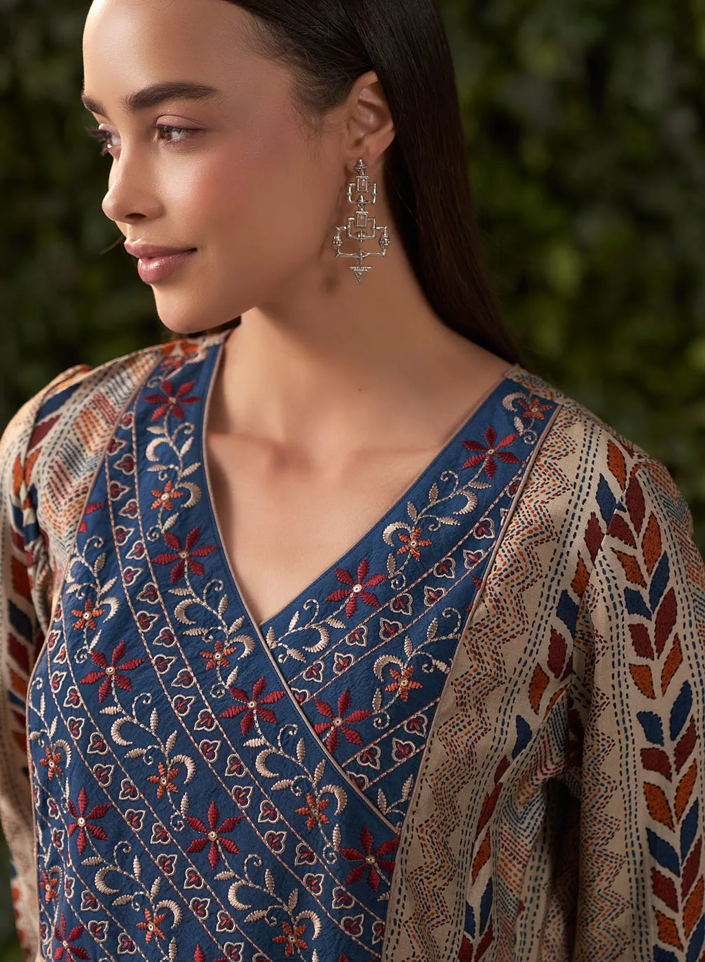 Sophia Navy Blue Printed Modal Chanderi Flared Dress for Women