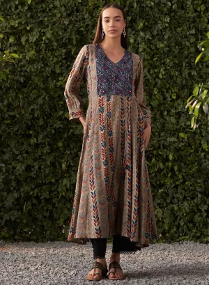 Sophia Navy Blue Printed Modal Chanderi Flared Dress for Women