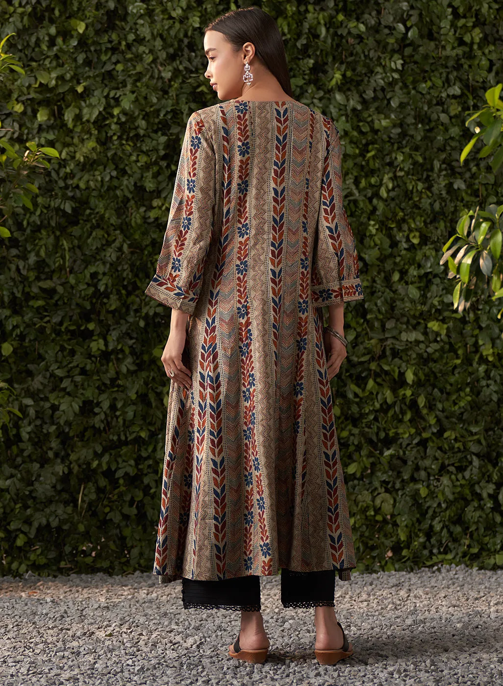 Sophia Navy Blue Printed Modal Chanderi Flared Dress for Women