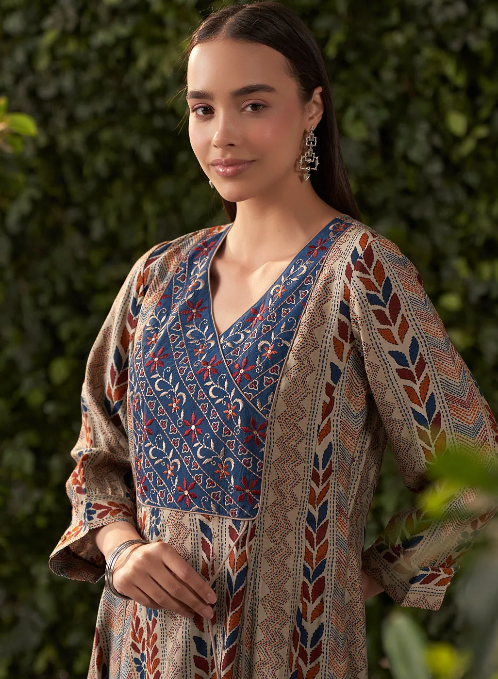 Sophia Navy Blue Printed Modal Chanderi Flared Dress for Women