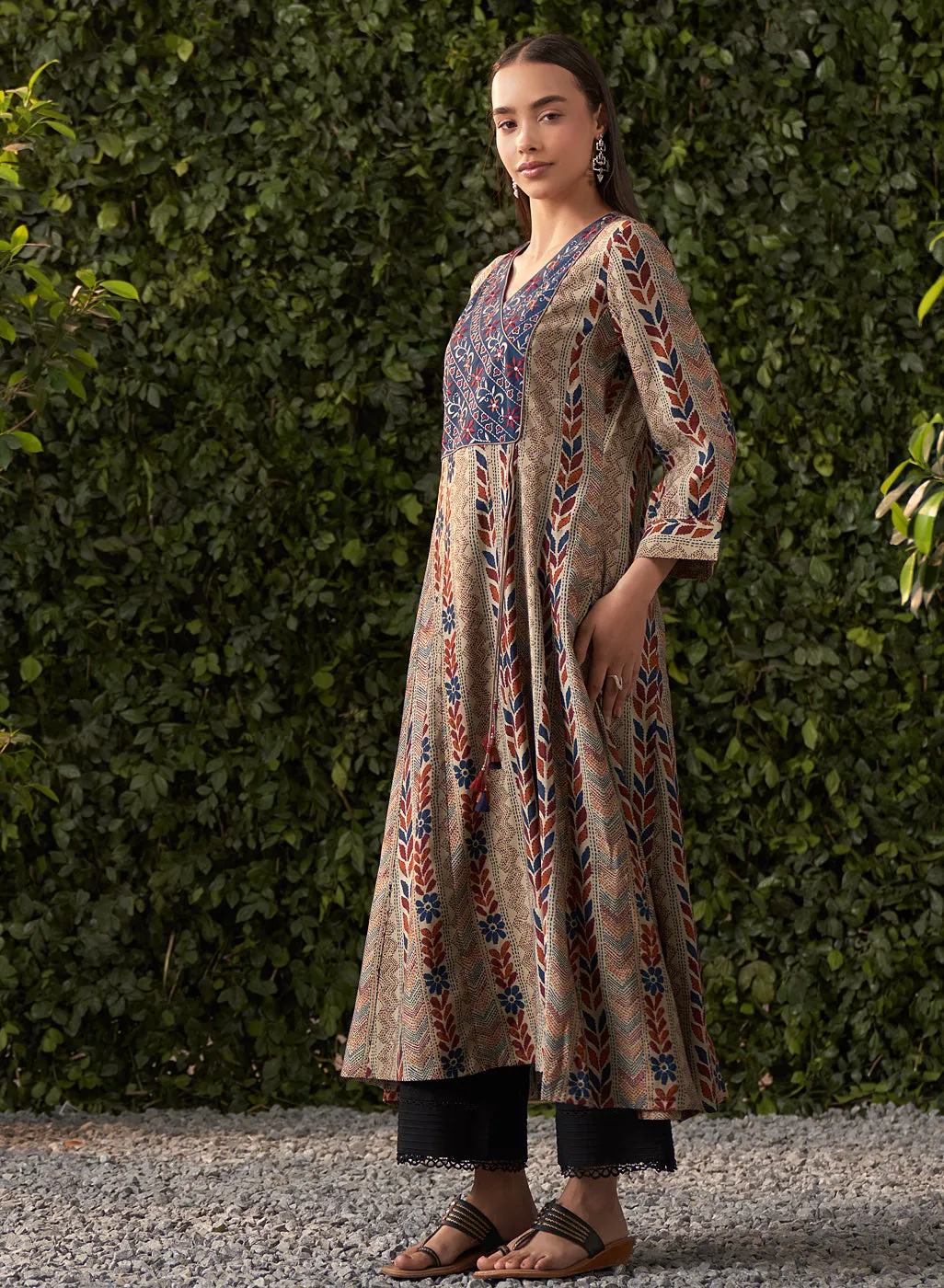 Sophia Navy Blue Printed Modal Chanderi Flared Dress for Women