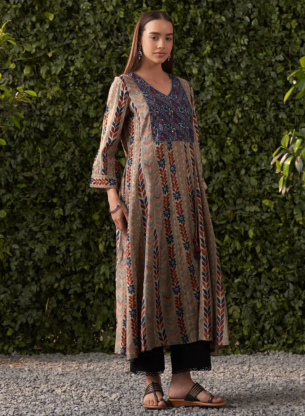 Sophia Navy Blue Printed Modal Chanderi Flared Dress for Women