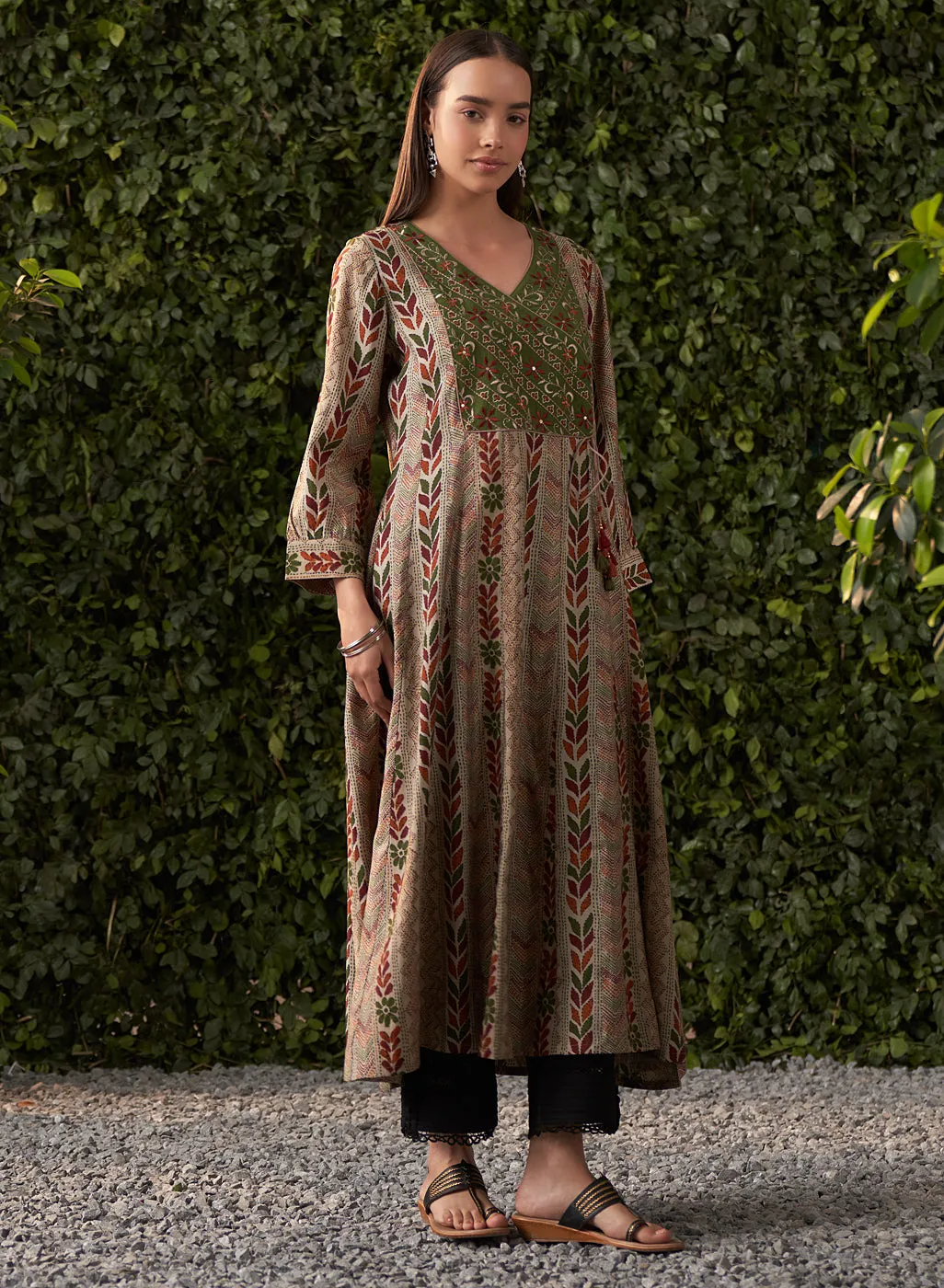 Sophia Sage Green Printed Modal Chanderi Flared Dress for Women