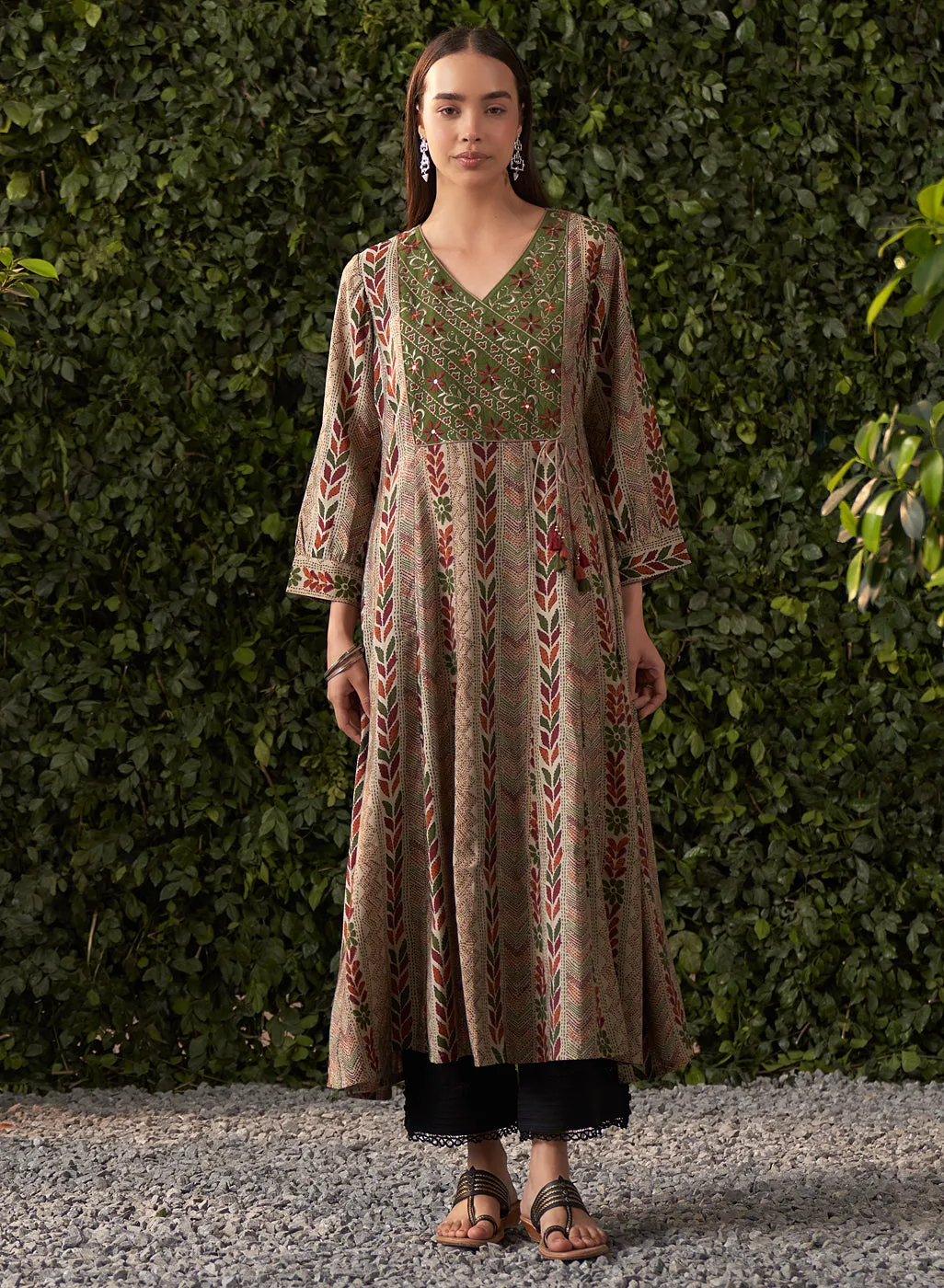Sophia Sage Green Printed Modal Chanderi Flared Dress for Women