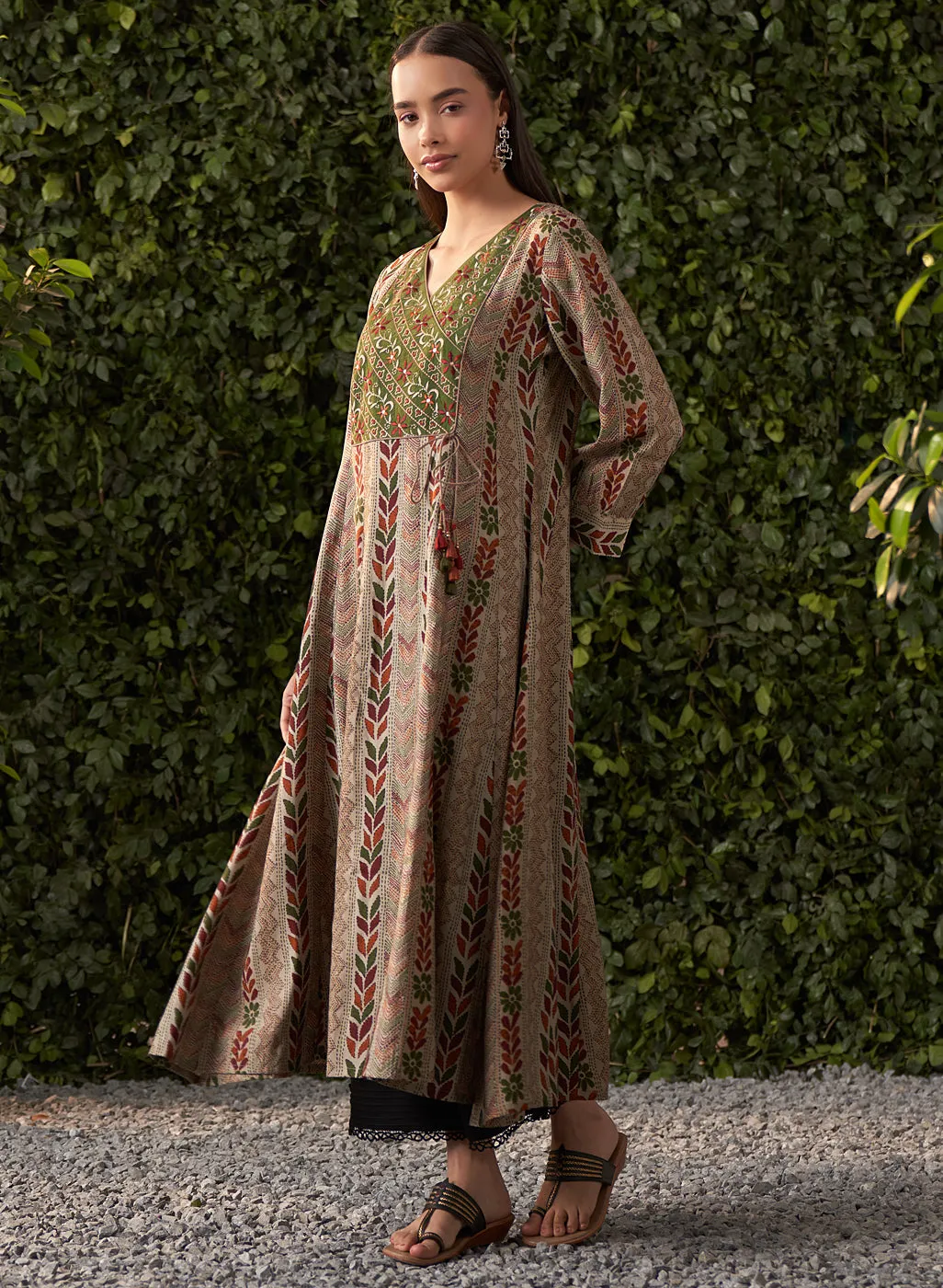 Sophia Sage Green Printed Modal Chanderi Flared Dress for Women