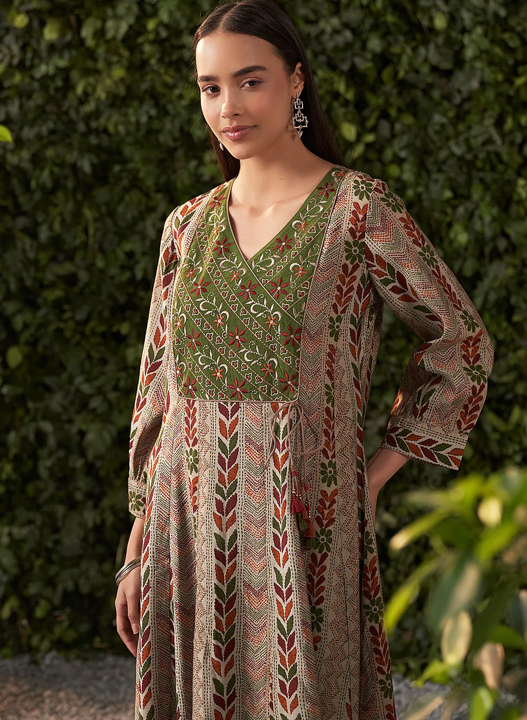 Sophia Sage Green Printed Modal Chanderi Flared Dress for Women