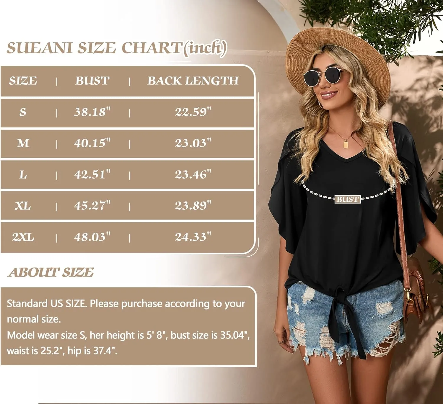 SUEANI Women's Tie Front Blouses V Neck 3/4 Split Sleeve Summer Knot Tops T Shirts