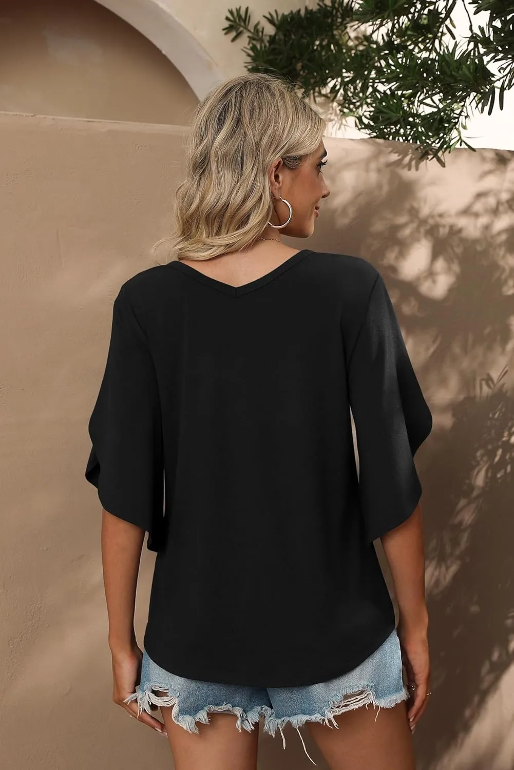 SUEANI Women's Tie Front Blouses V Neck 3/4 Split Sleeve Summer Knot Tops T Shirts