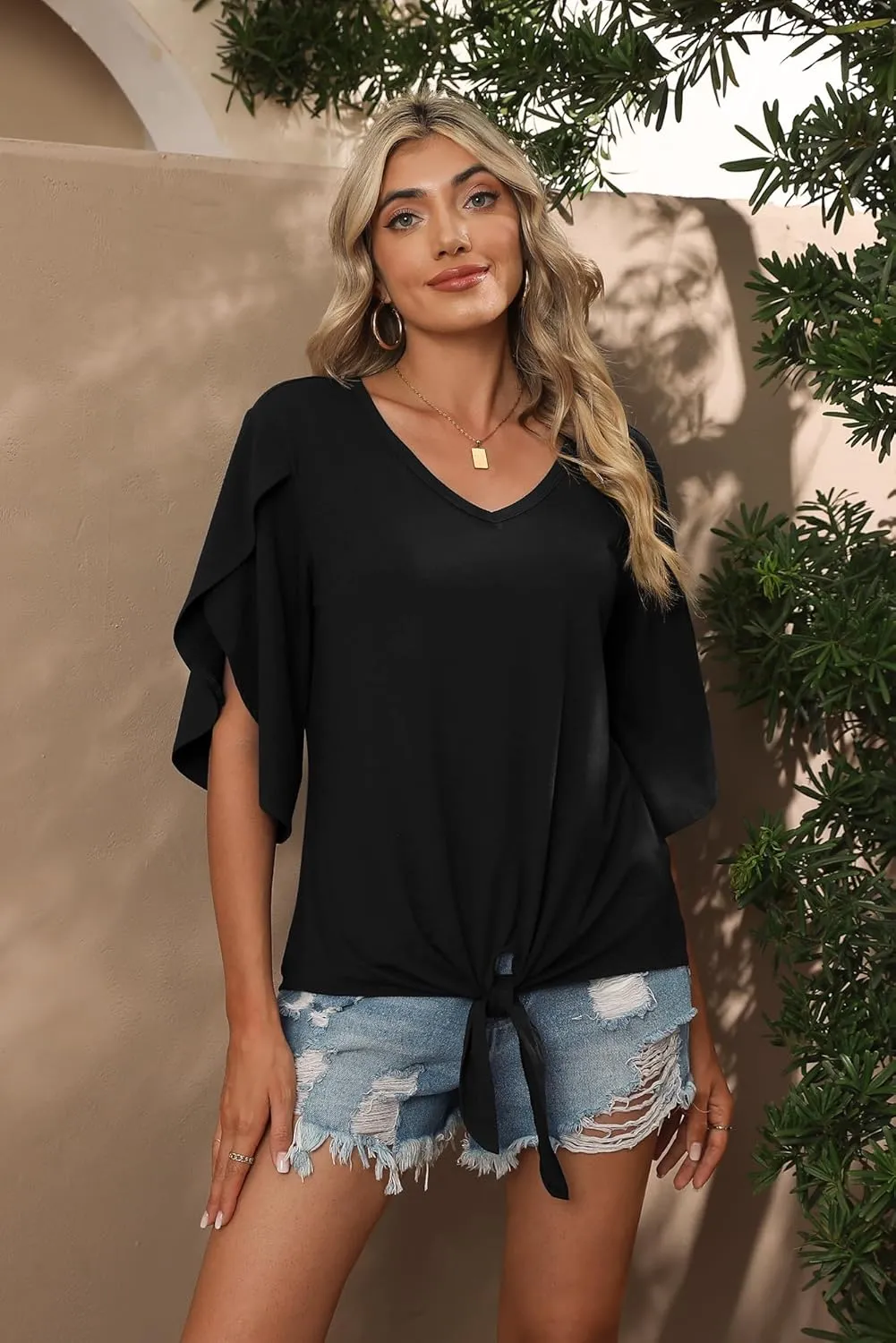 SUEANI Women's Tie Front Blouses V Neck 3/4 Split Sleeve Summer Knot Tops T Shirts