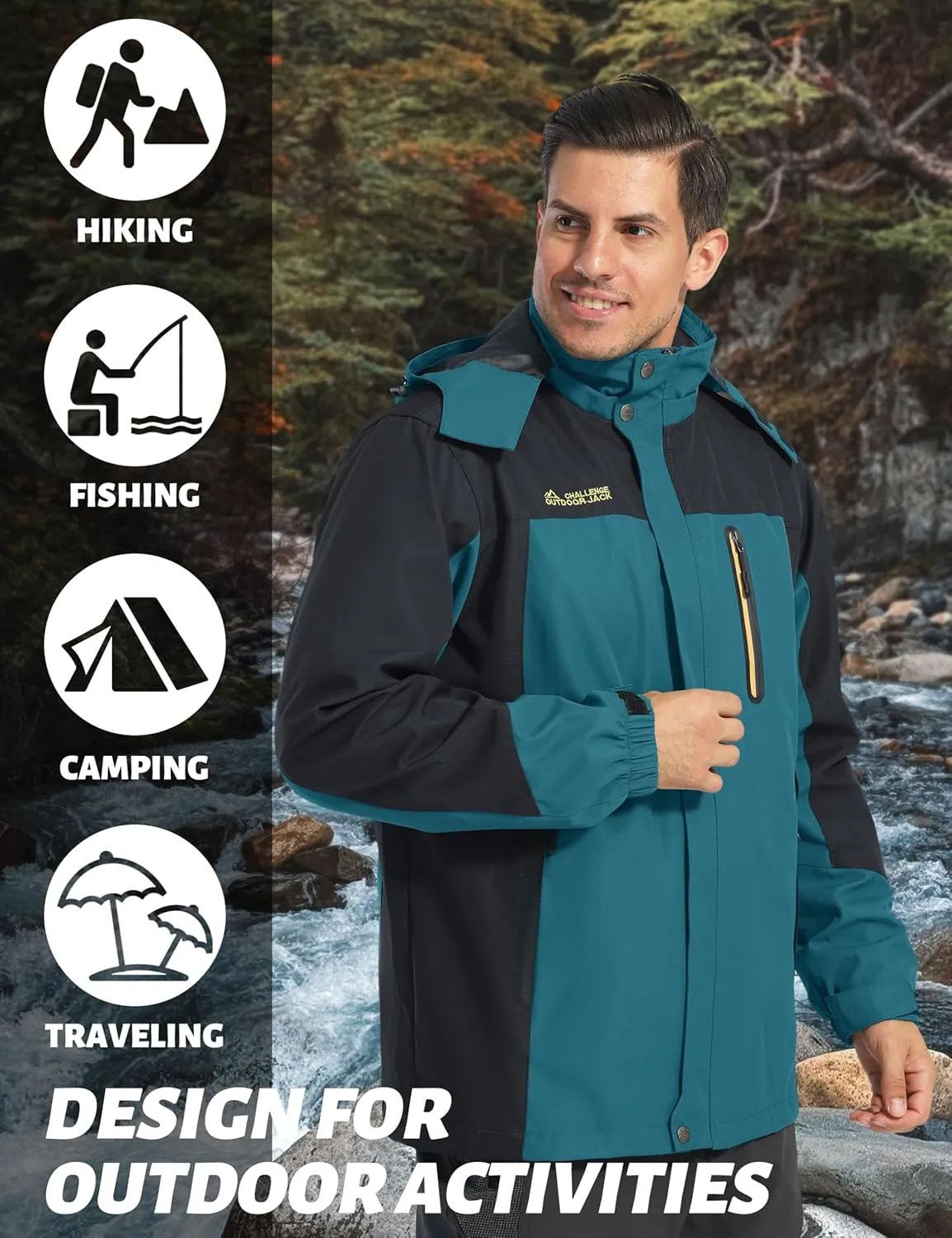 TACVASEN Mens Rain Jackets Water Resistant With Hood Windbreaker Lightweight Zip Jacket Climbing Fishing with Pockets
