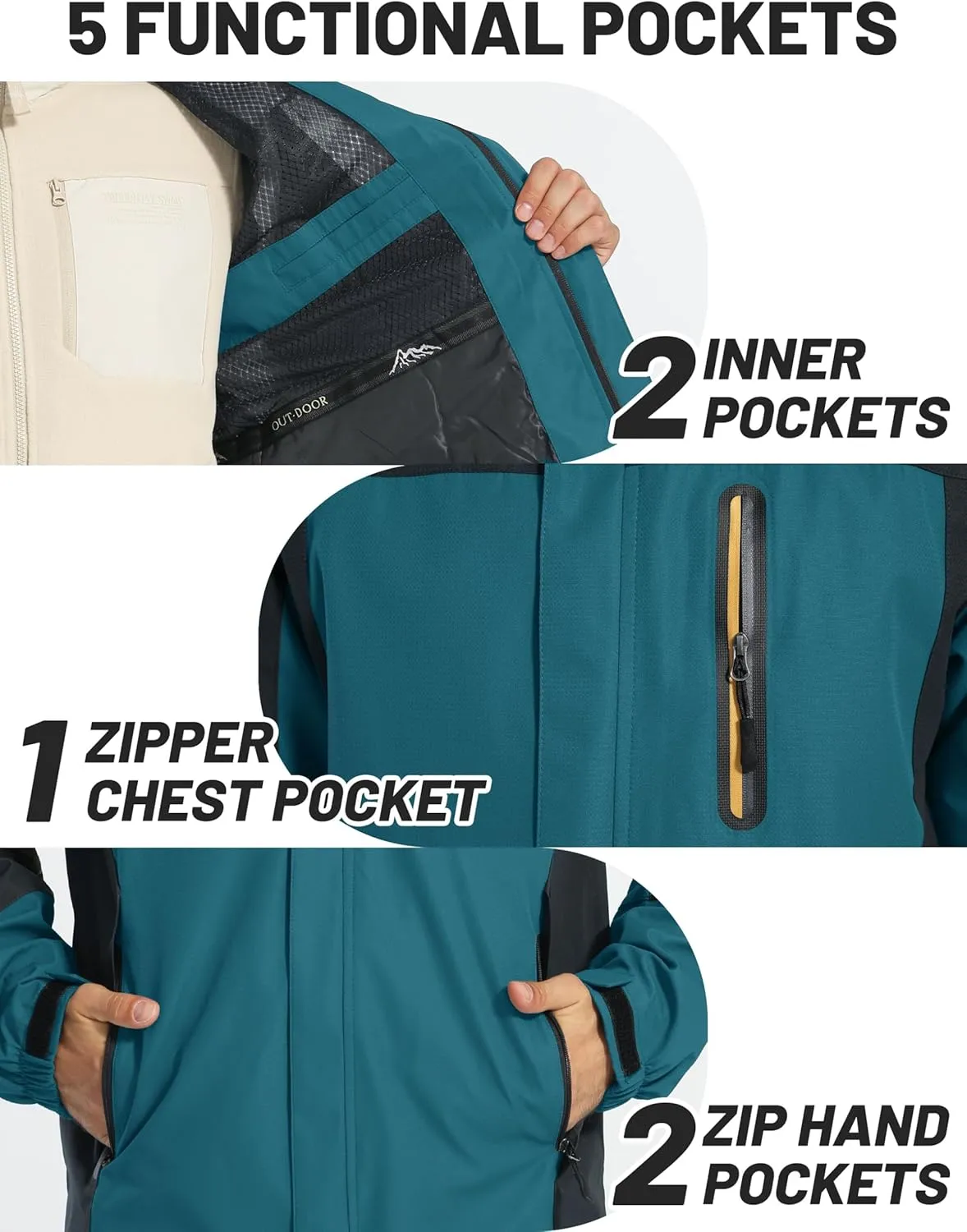 TACVASEN Mens Rain Jackets Water Resistant With Hood Windbreaker Lightweight Zip Jacket Climbing Fishing with Pockets