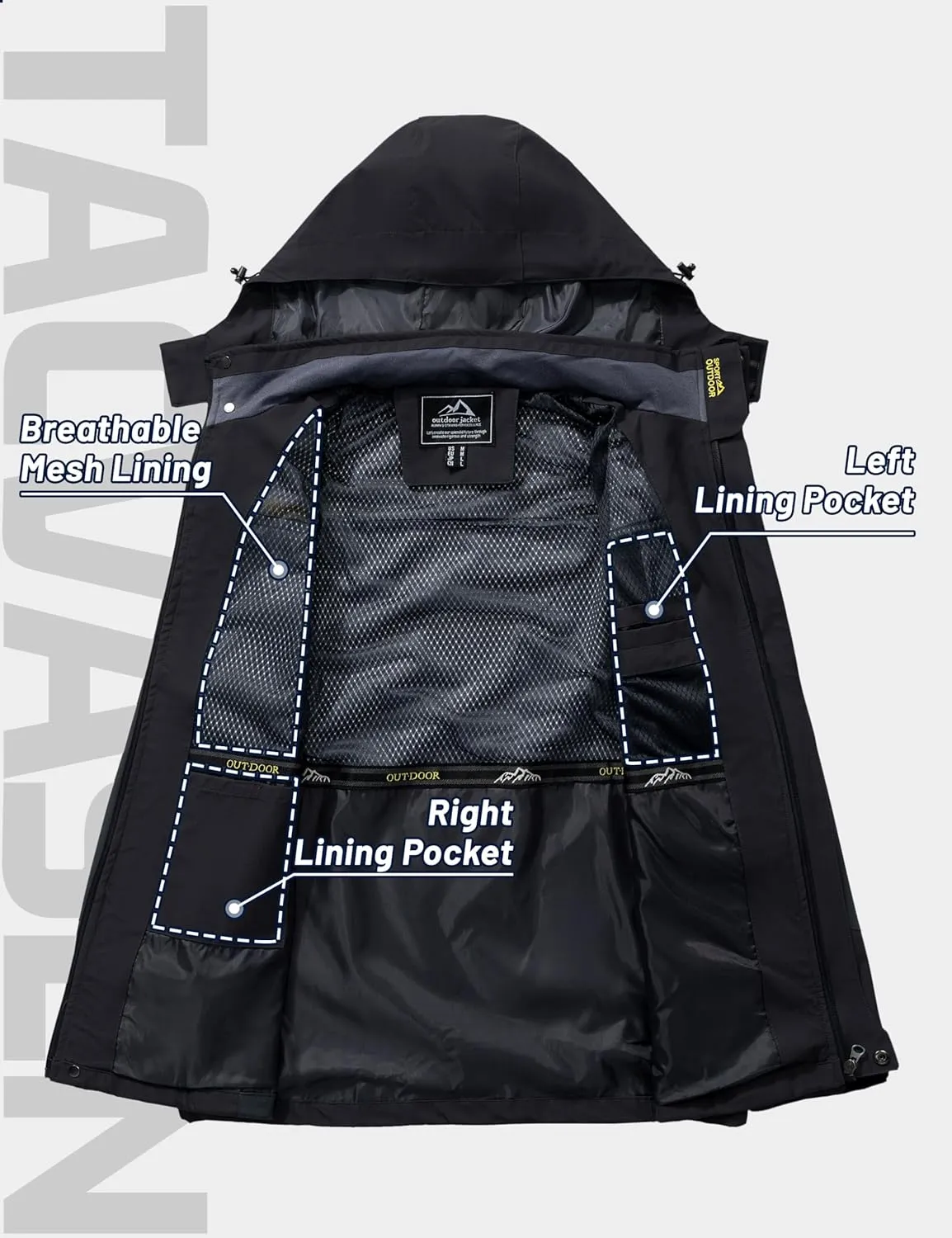 TACVASEN Mens Rain Jackets Water Resistant With Hood Windbreaker Lightweight Zip Jacket Climbing Fishing with Pockets