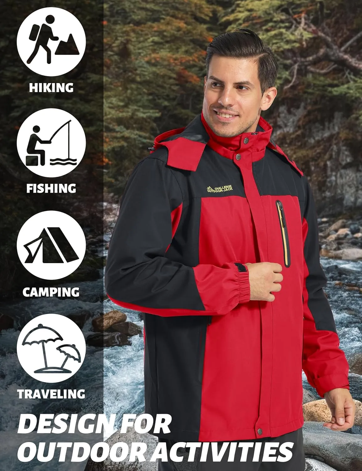 TACVASEN Mens Rain Jackets Water Resistant With Hood Windbreaker Lightweight Zip Jacket Climbing Fishing with Pockets