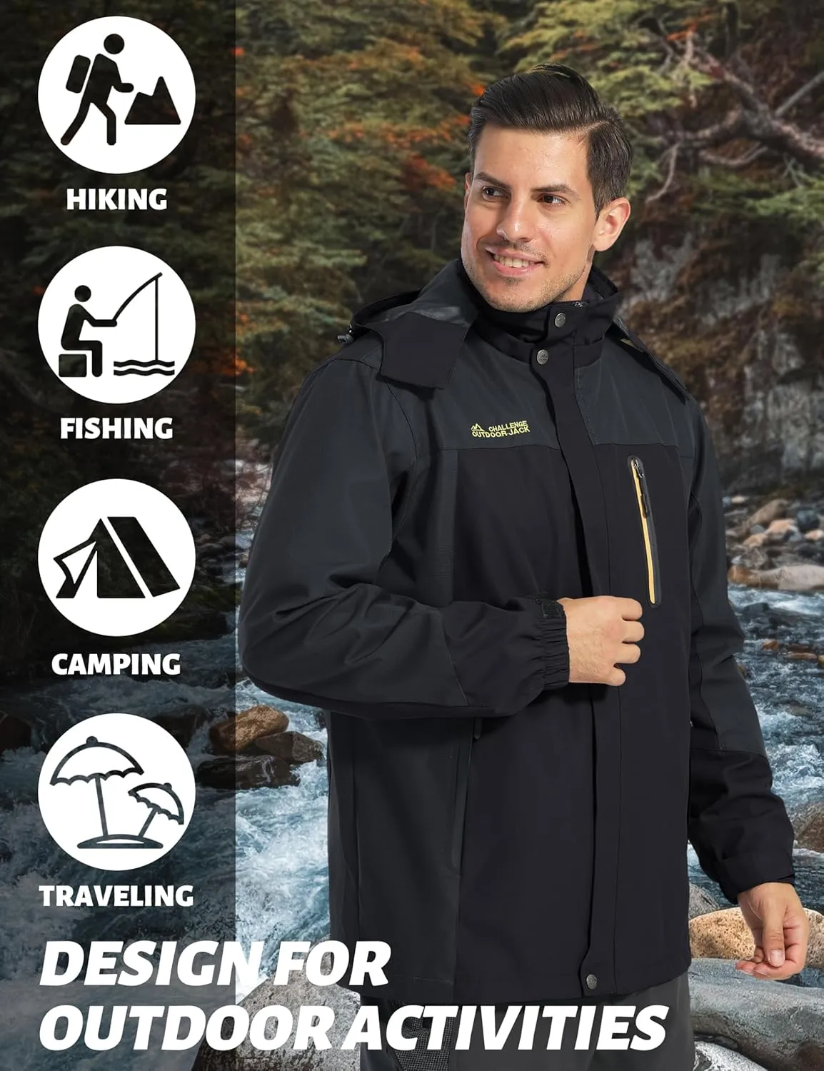 TACVASEN Mens Rain Jackets Water Resistant With Hood Windbreaker Lightweight Zip Jacket Climbing Fishing with Pockets