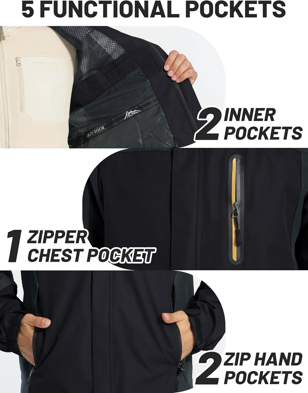TACVASEN Mens Rain Jackets Water Resistant With Hood Windbreaker Lightweight Zip Jacket Climbing Fishing with Pockets