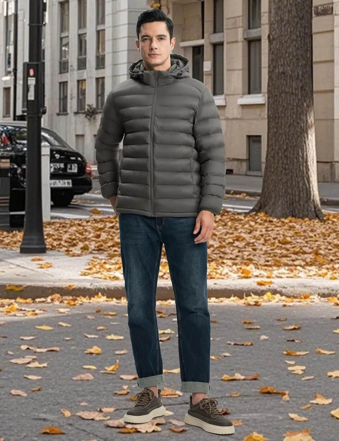 TBMPOY Men's Lightweight Puffer Jackets Detachable Hood Water-Resistant Casual Winter Coat Hooded Insulated for Travel Ski