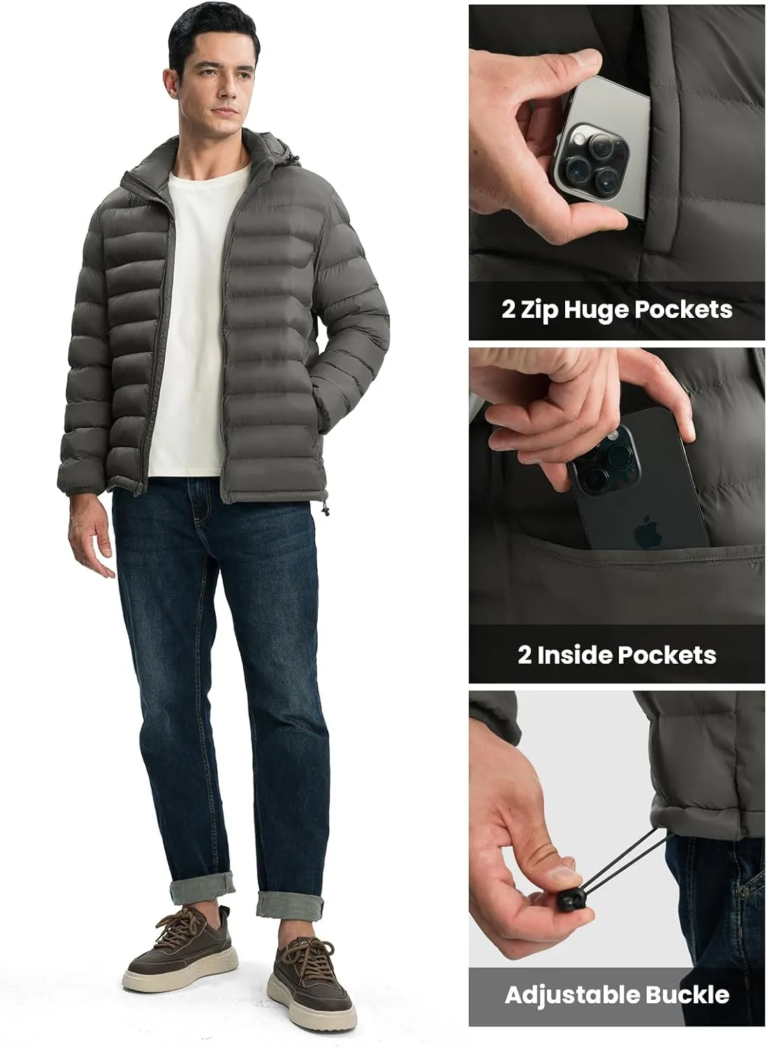 TBMPOY Men's Lightweight Puffer Jackets Detachable Hood Water-Resistant Casual Winter Coat Hooded Insulated for Travel Ski
