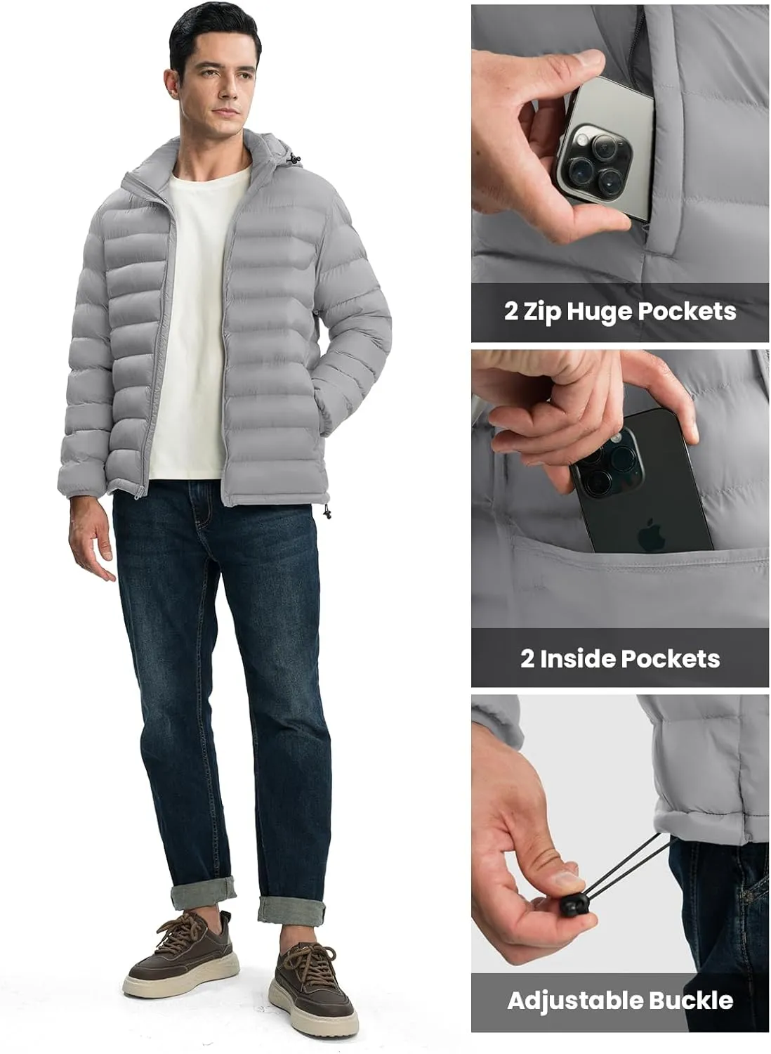 TBMPOY Men's Lightweight Puffer Jackets Detachable Hood Water-Resistant Casual Winter Coat Hooded Insulated for Travel Ski