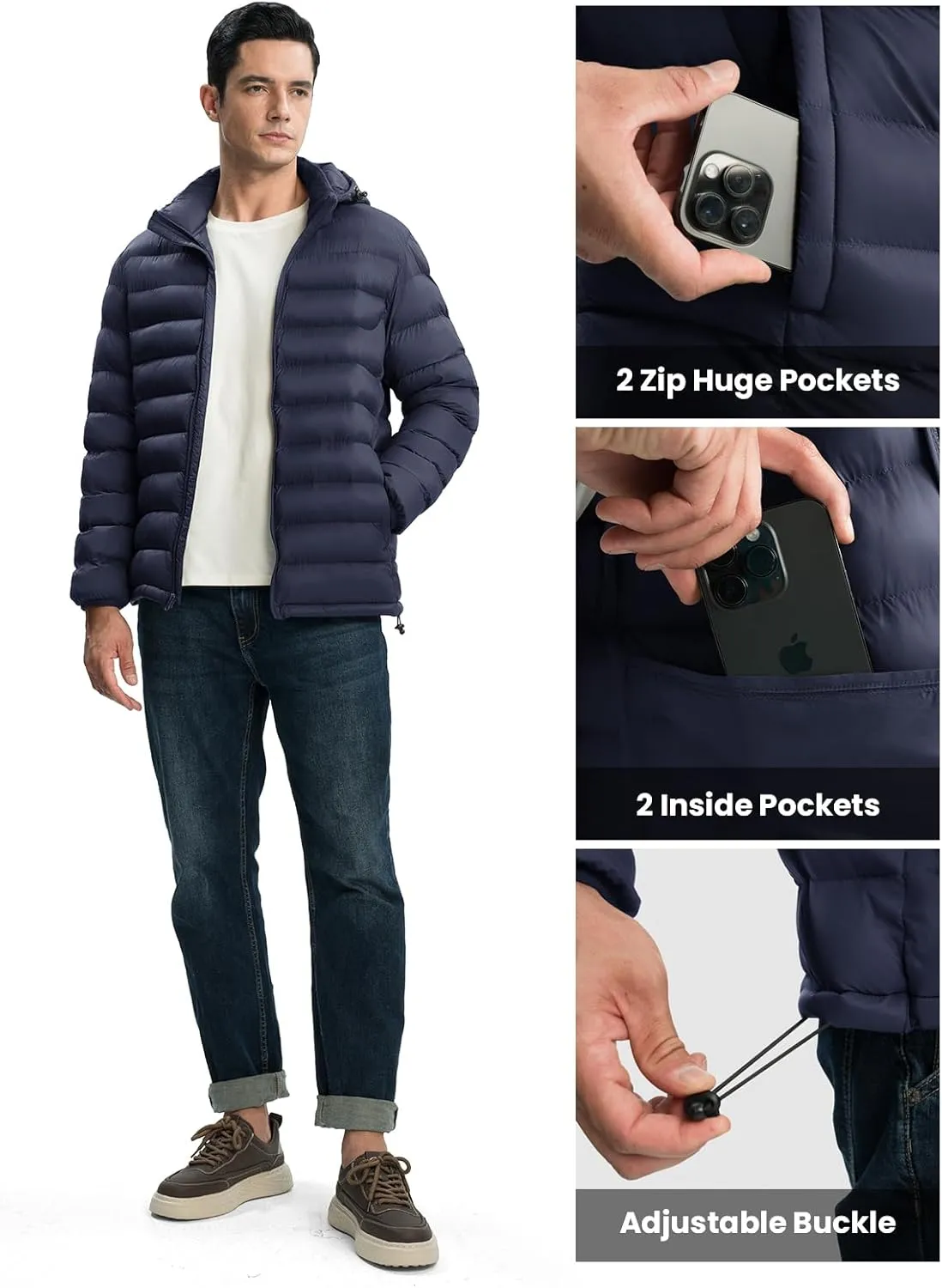 TBMPOY Men's Lightweight Puffer Jackets Detachable Hood Water-Resistant Casual Winter Coat Hooded Insulated for Travel Ski