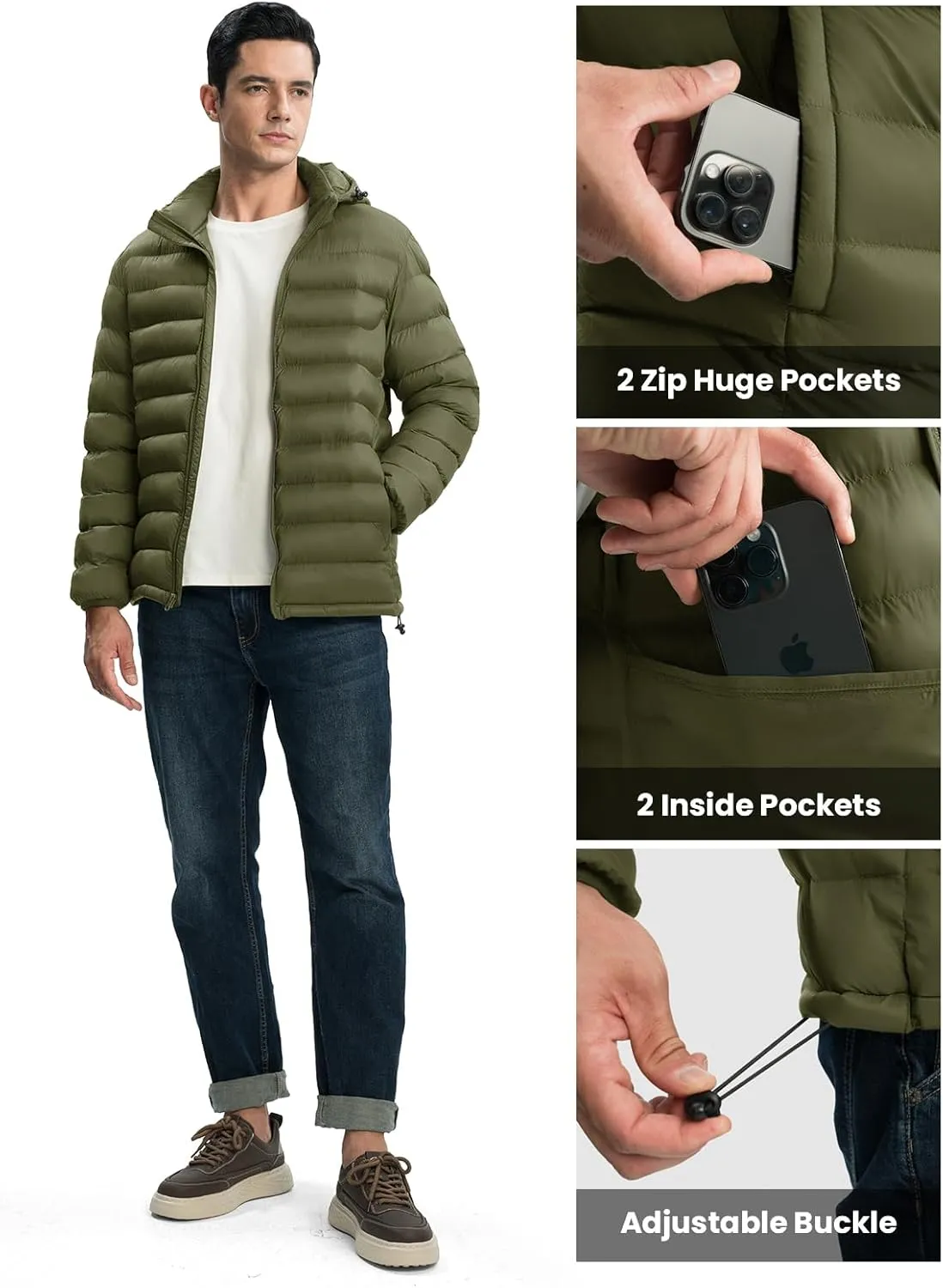 TBMPOY Men's Lightweight Puffer Jackets Detachable Hood Water-Resistant Casual Winter Coat Hooded Insulated for Travel Ski
