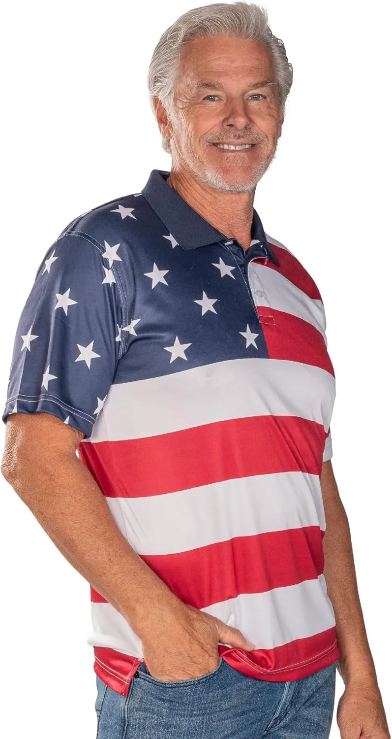 TheFlagshirt Men's Patriotic Performance Golf American Flag Classic Fit Polo Shirt