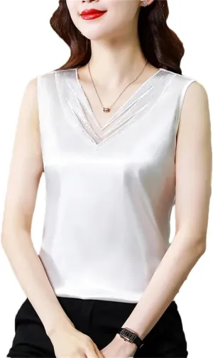 Woman Elegant Silk Satin T-Shirts Summer Camisole Casual Loose Camis Solid Tops for Women