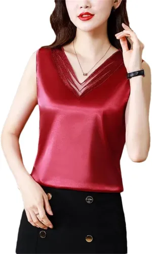 Woman Elegant Silk Satin T-Shirts Summer Camisole Casual Loose Camis Solid Tops for Women