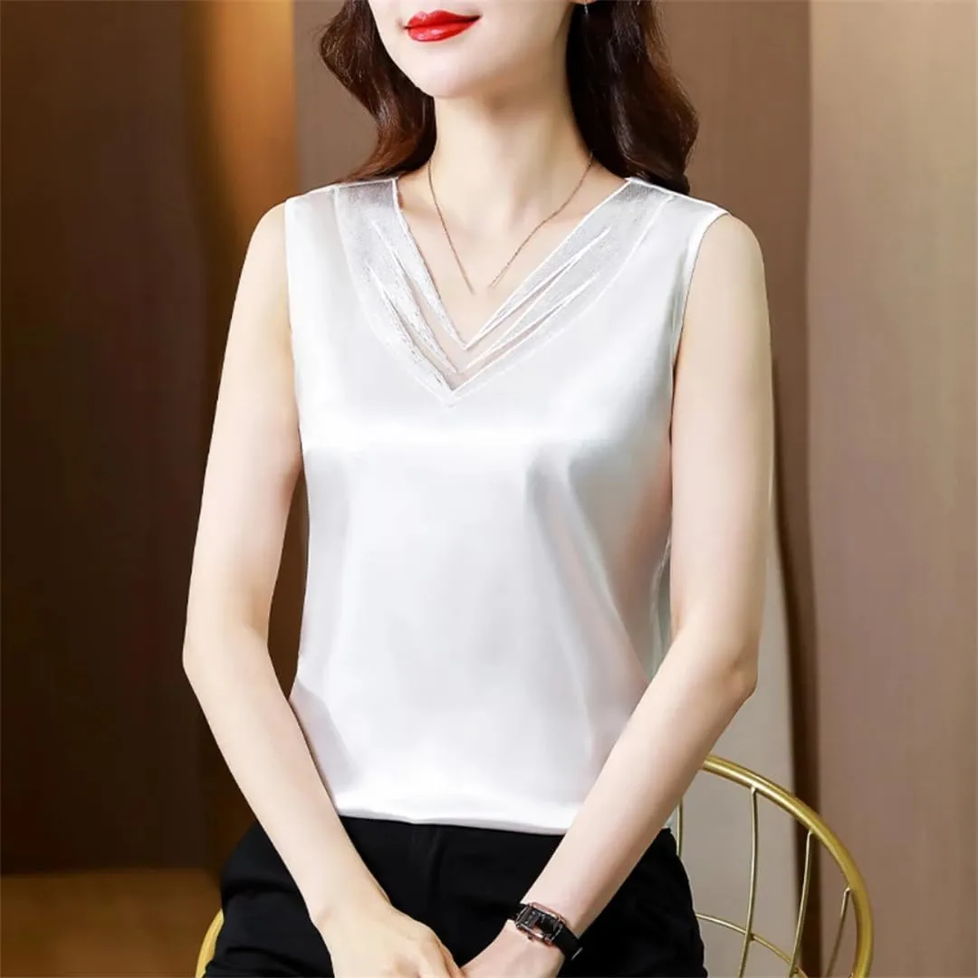 Woman Elegant Silk Satin T-Shirts Summer Camisole Casual Loose Camis Solid Tops for Women