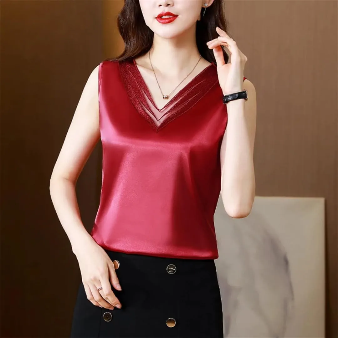 Woman Elegant Silk Satin T-Shirts Summer Camisole Casual Loose Camis Solid Tops for Women